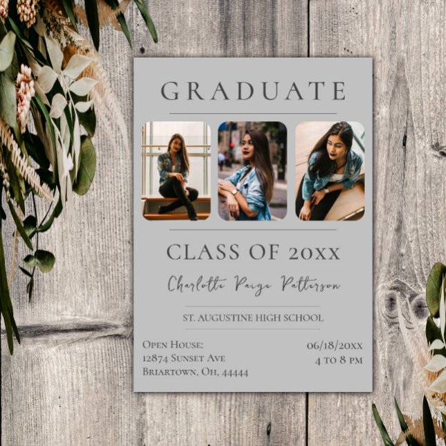 Simple Three Photo Graduation | Grey Invitation (Gray Simple Three Photo Graduation Invitation)