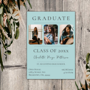 Simple Three Photo Graduation Teal Invitation