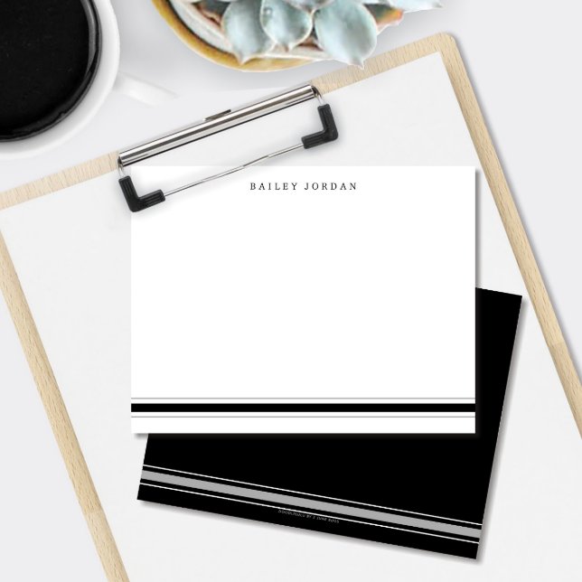 Simple Three Stripes Black & Grey Men's Stationery Card (Masculine sporty black and gray stripes custom flat note cards)