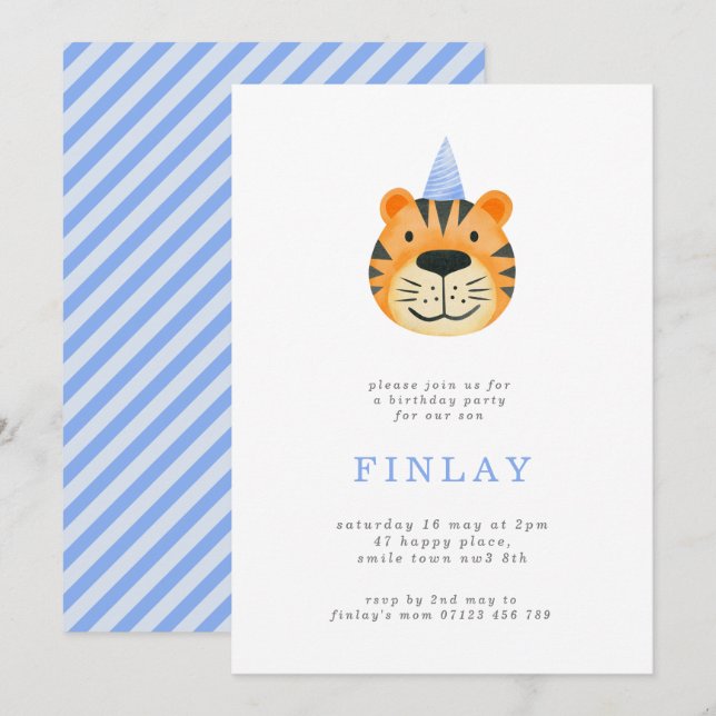 Simple Tiger and Party Hat Blue Birthday Party Invitation (Front/Back)