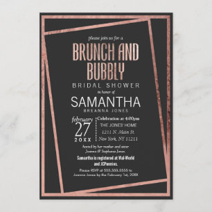 Simple Tilted Rose Gold Border Black Brunch Bubbly Invitation