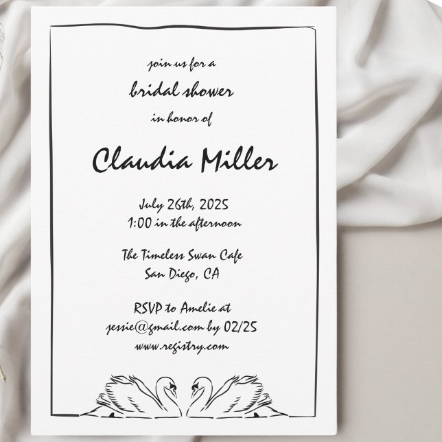 Simple Timeless Handwritten Swan Bridal Shower  Invitation (Creator Uploaded)
