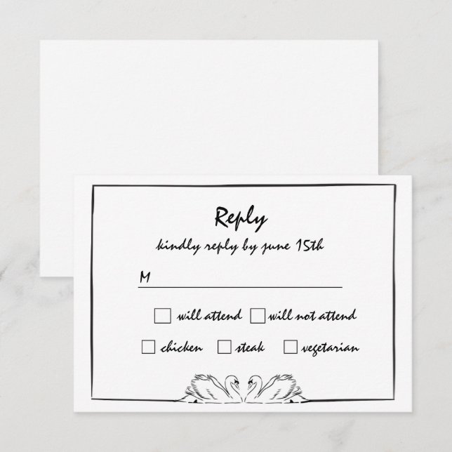 Simple Timeless Handwritten Swan Drawing RSVP Card (Front/Back)