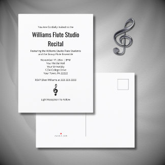 Simple Treble Clef Flute Music Recital Concert Invitation Postcard