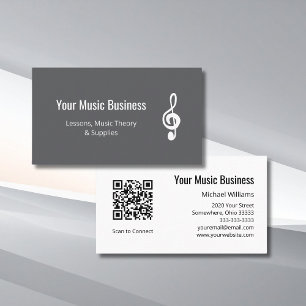 Simple Treble Clef QR code Grey Music Lessons  Business Card