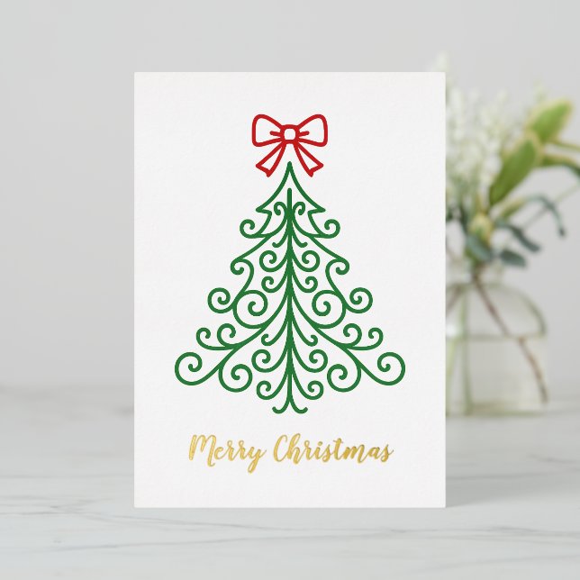 Simple Tree with Bow Modern Christmas Foil Holiday Card (Standing Front)
