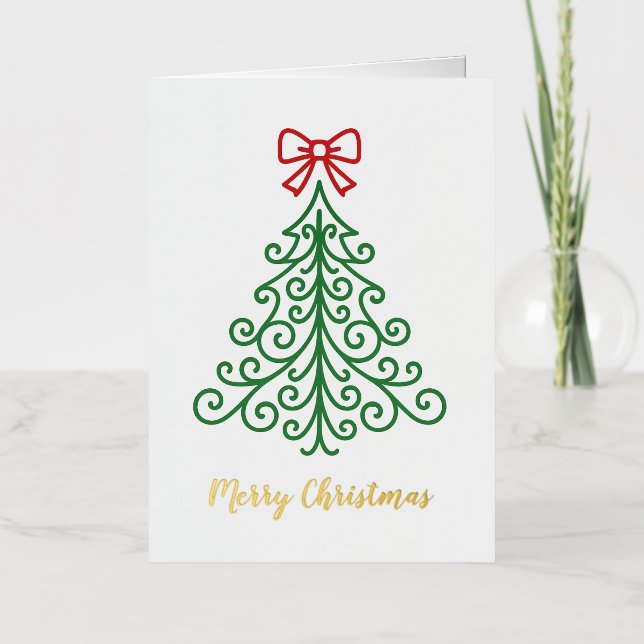 Simple Tree with Bow Modern Christmas Foil Holiday Card (Front)