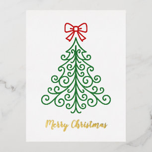 Simple Tree with Bow Modern Christmas Foil Holiday Postcard