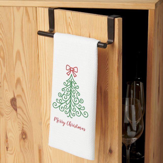 Simple Tree with Bow Modern Christmas Kitchen Towel (Thirds Fold)