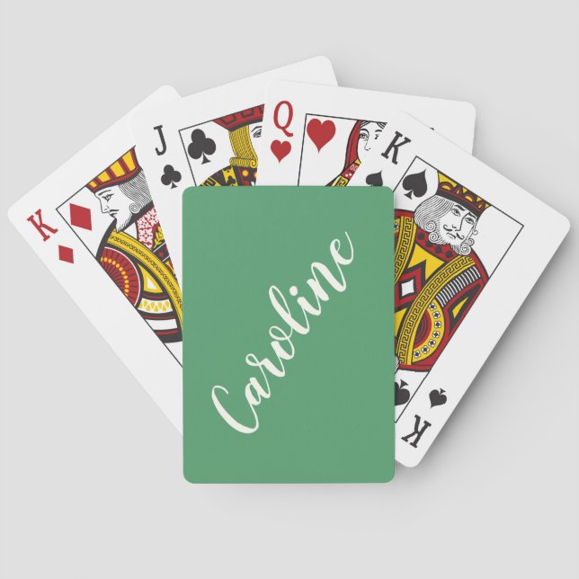 Simple Trendy Kelly Green Calligraphy Personalized Playing Cards (Back)