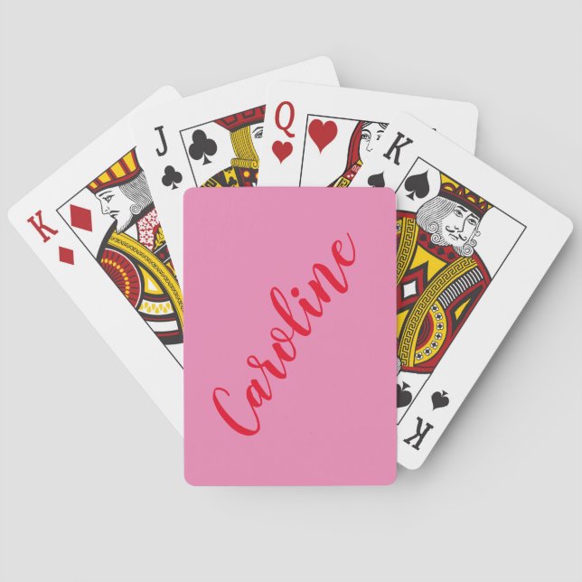 Simple Trendy Pink Red Calligraphy Personalized Playing Cards (Back)