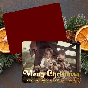 Simple Trendy Retro Typography Photo Christmas Foil Holiday Card