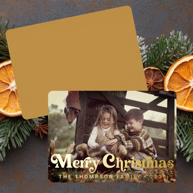 Simple Trendy Retro Typography Photo Christmas Foil Holiday Card (Creator Uploaded)