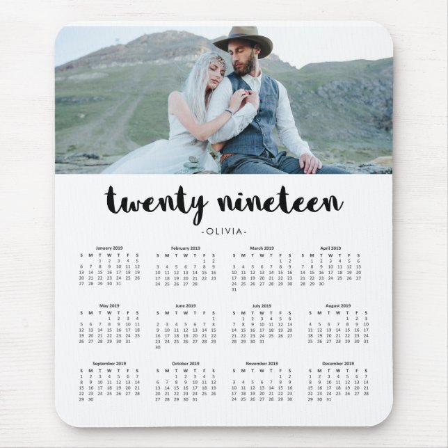 Simple Trendy Typography 2019 Photo Calendar Mouse Pad (Front)