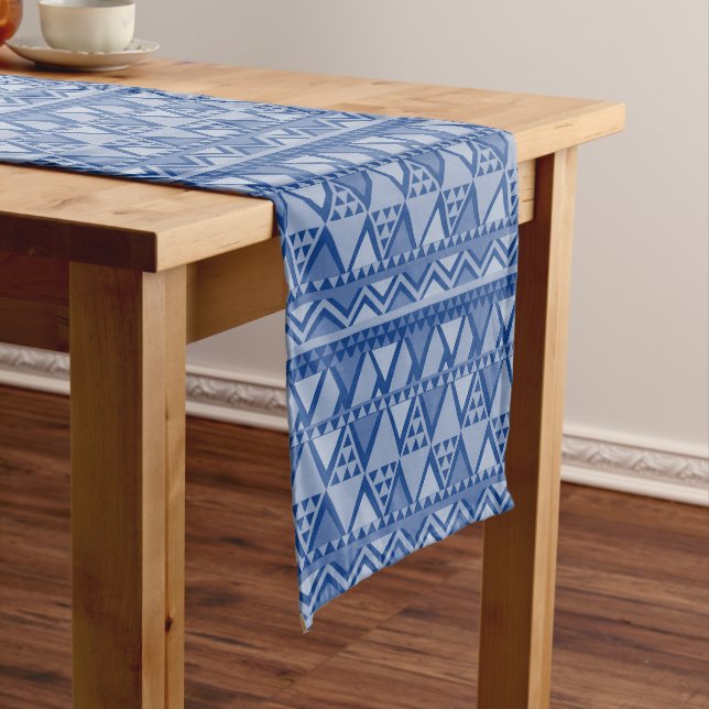 Simple Tribal Art Pattern Blue Long Table Runner (In Situ)