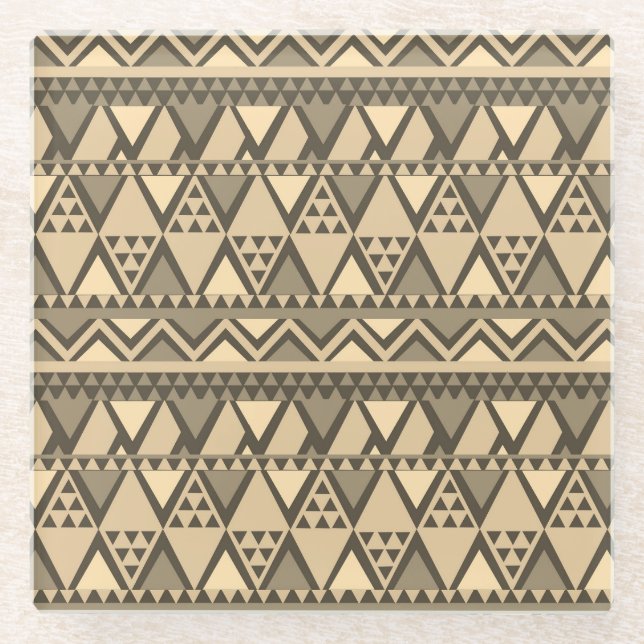 Simple Tribal Art Pattern brown Glass Coaster (Front)
