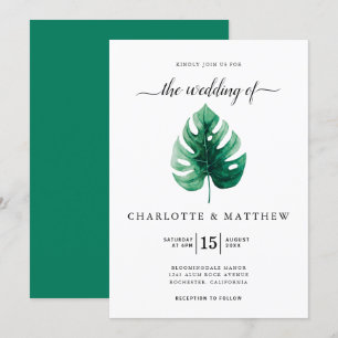 Simple Tropical Watercolor Green Leaf Wedding Invitation