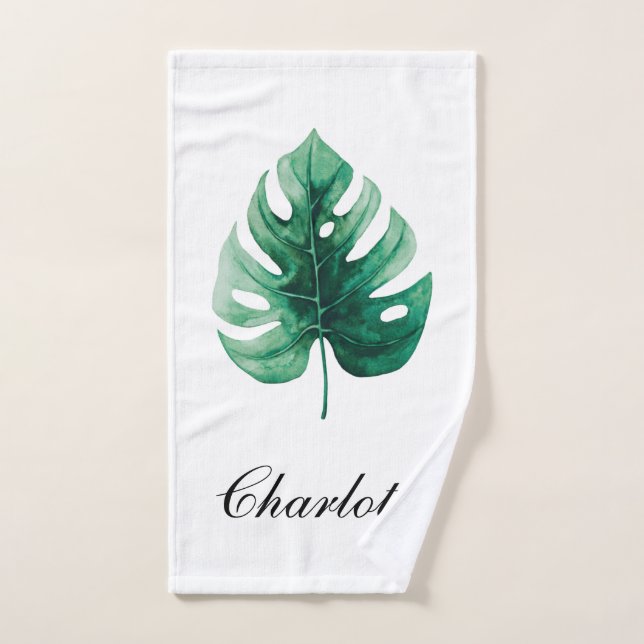 Simple Tropical Watercolor Green Monstera Leaf Hand Towel (Hand Towel)