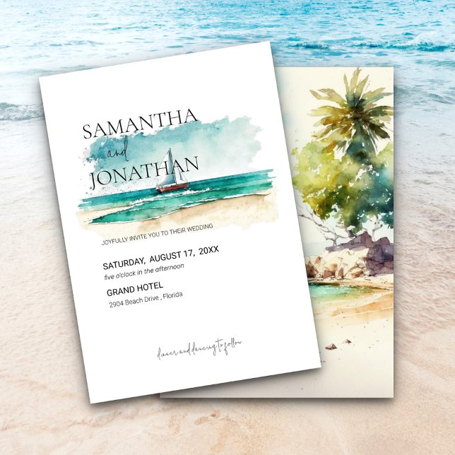 Simple tropical & watercolour cruise sailboat  save the date (Creator Uploaded)