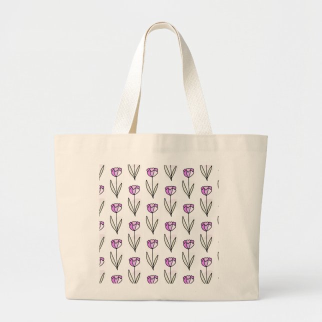 'Simple Tulips' Hand-Drawn Floral Pattern Large Tote Bag (Front)