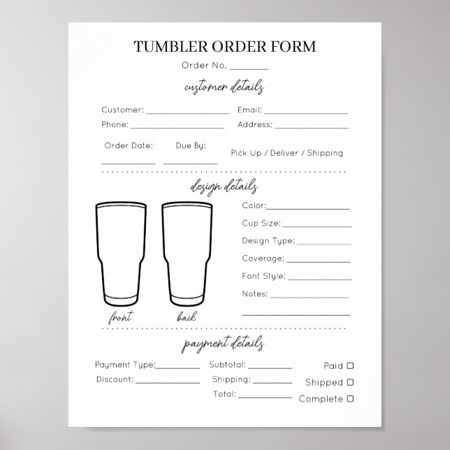 Simple Tumbler Mug Cup Business Order Form List Poster (Front)