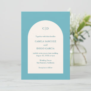 Simple Turquoise Monogram Arch Modern Wedding Invitation