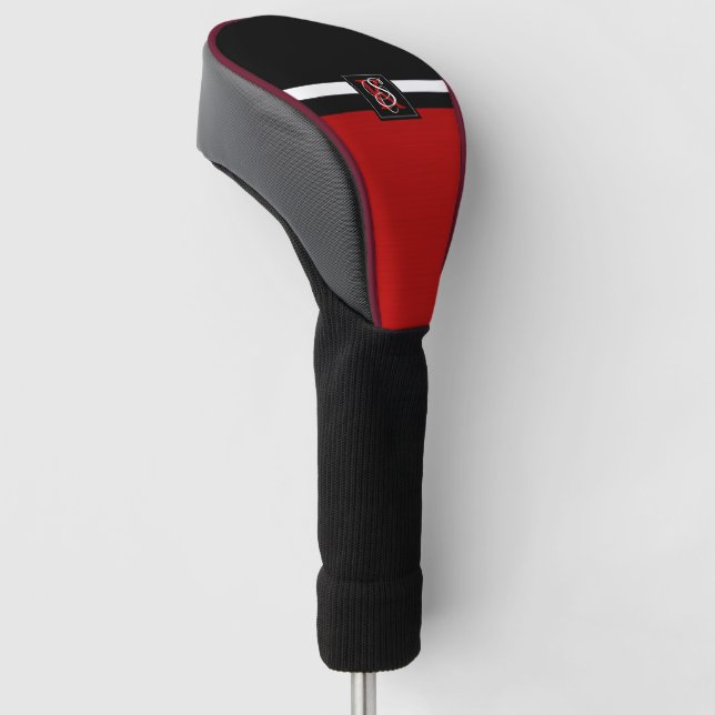 Simple Two Tone Black and Red Initials Monogram Golf Head Cover (Angled)