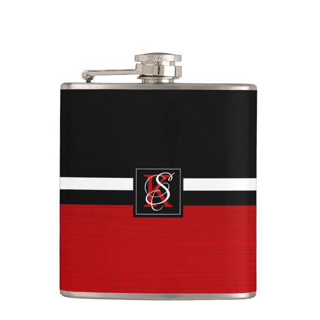 Simple Two Tone Black and Red Initials Monogram Hip Flask (Front)