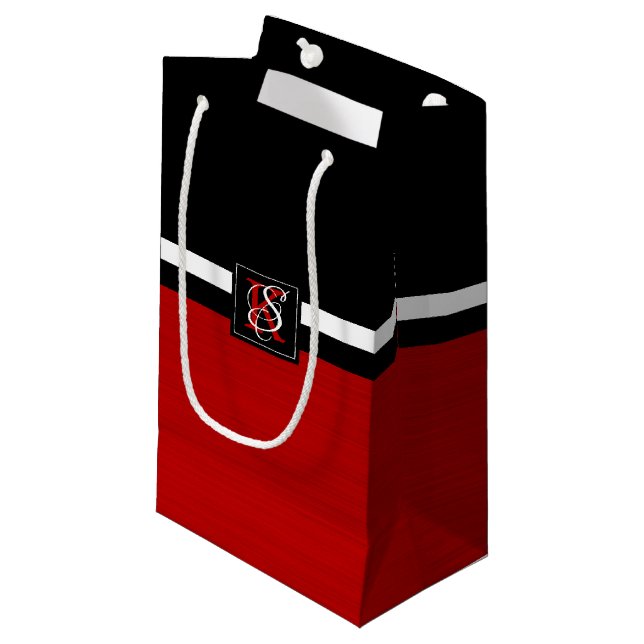 Simple Two Tone Black and Red Initials Monogram Small Gift Bag (Front Angled)