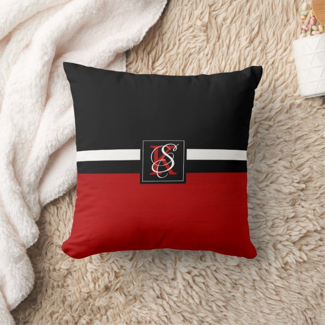 Simple Two Tone Black and Red Initials Monogram Throw Pillow (Blanket)