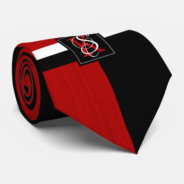 Simple Two Tone Black and Red Initials Monogram Tie (Rolled)