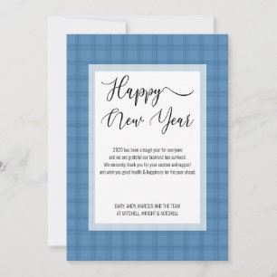 Simple Two Tone Blue Plaid Happy New Year Holiday Card