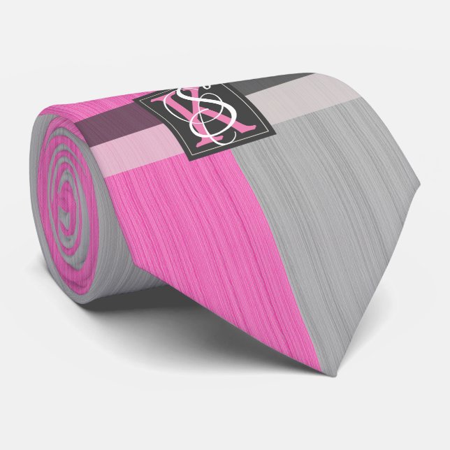 Simple Two Tone Pink and Grey Initials Monogram Tie (Rolled)