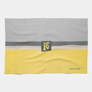 Simple Two Tone Yellow and Grey Initials Monogram Kitchen Towel