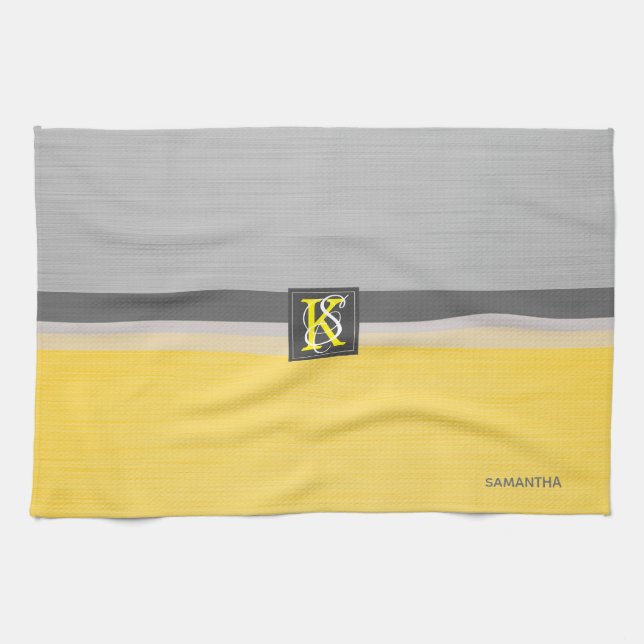 Simple Two Tone Yellow and Grey Initials Monogram Kitchen Towel (Horizontal)