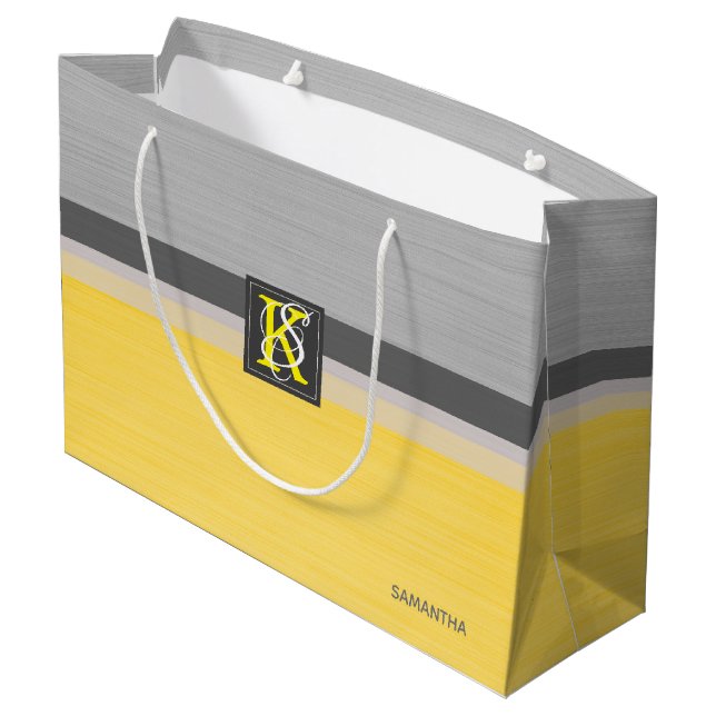 Simple Two Tone Yellow and Grey Initials Monogram Large Gift Bag (Back Angled)