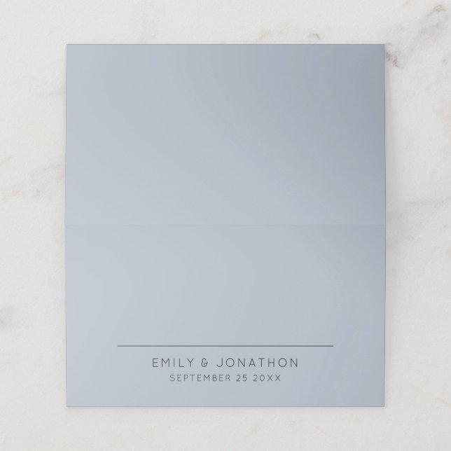 Simple Typographical Names Date Dusty Blue Wedding Place Card (Outside Unfolded)