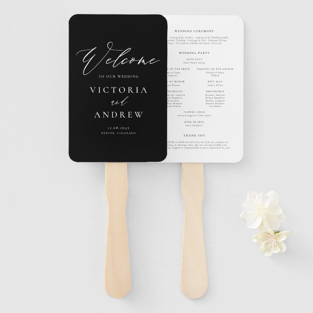 Simple Typography Black Formal Wedding Program Hand Fan (Front and Back)