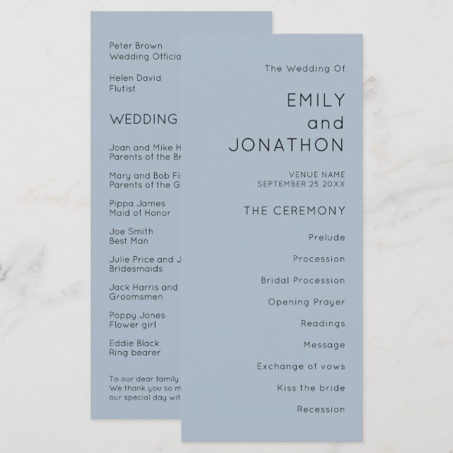 Simple Typography Dusty Blue Wedding Program (Front/Back)
