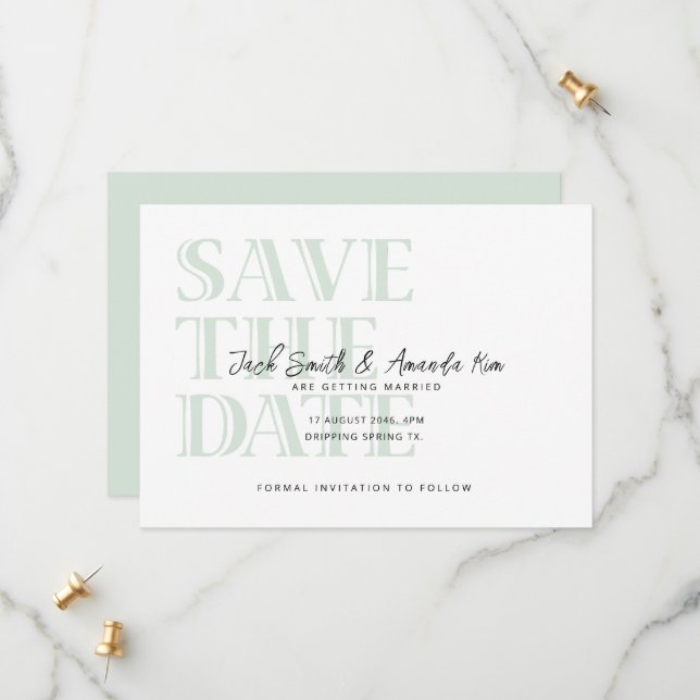 Simple Typography Green Flat Save The Date Card (Front/Back In Situ)