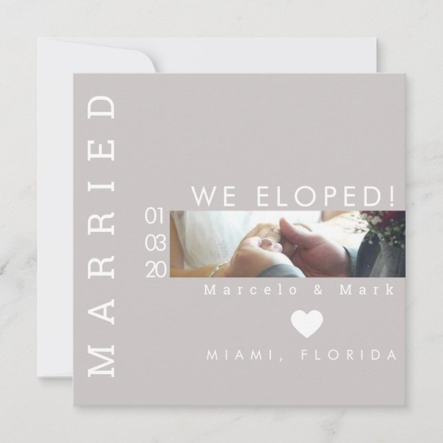 Simple Typography Hearts Eloped Married Photo Card (Front)