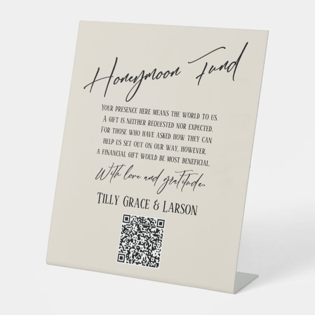 Simple Typography Honeymoon Fund QR Code Cream Pedestal Sign (Front)