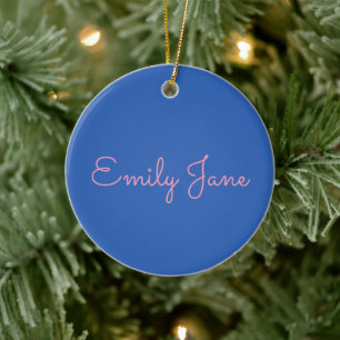 Simple Typography in Pink and Blue Personalized Ceramic Ornament