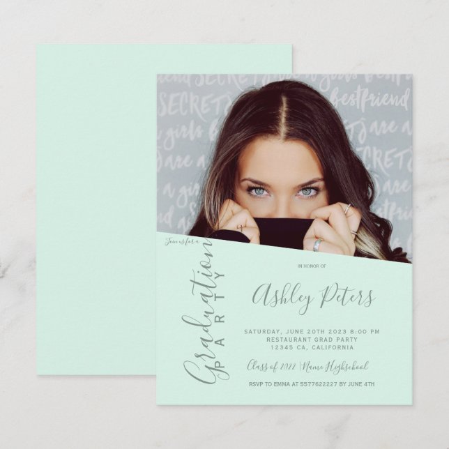 Simple typography mint green cool photo graduation invitation (Front/Back)