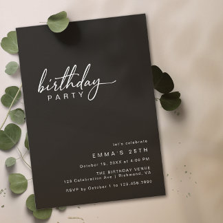 Simple Typography | Modern Black Birthday Party Invitation
