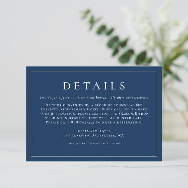 Simple Typography Navy Blue Formal Wedding Details Enclosure Card (Standing Front)