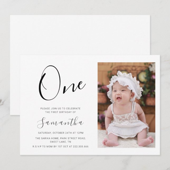 Simple Typography Photo 1st  Birthday  Invitation (Front/Back)