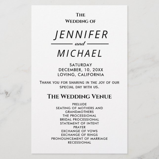 Simple Typography Plain Wedding Program (Front)