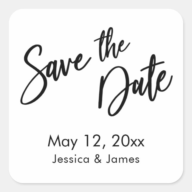 Simple Typography Save the Date Black & White Square Sticker (Front)