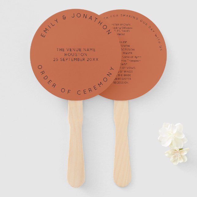 Simple Typography Terracotta Wedding Program Hand Fan (Front and Back)